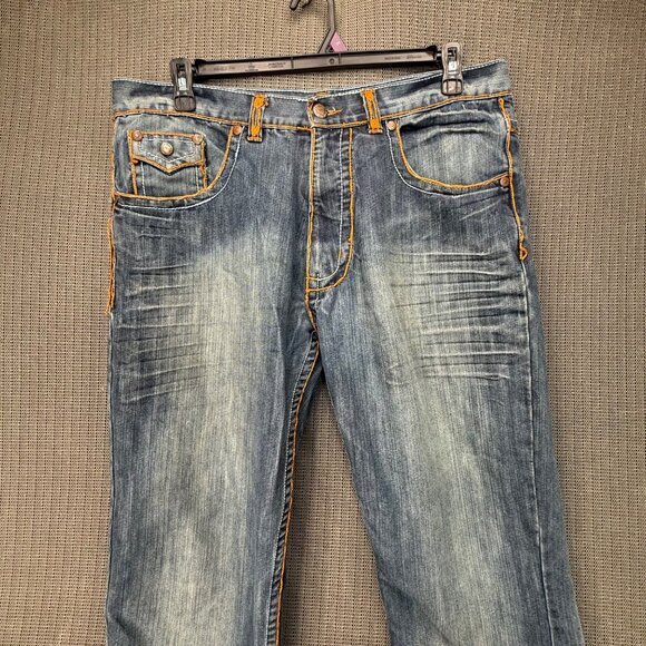 Royal Army Mens Size 38/34 Blue Distressed Jeans Embroidered Back Pockets - Picture 6 of 9